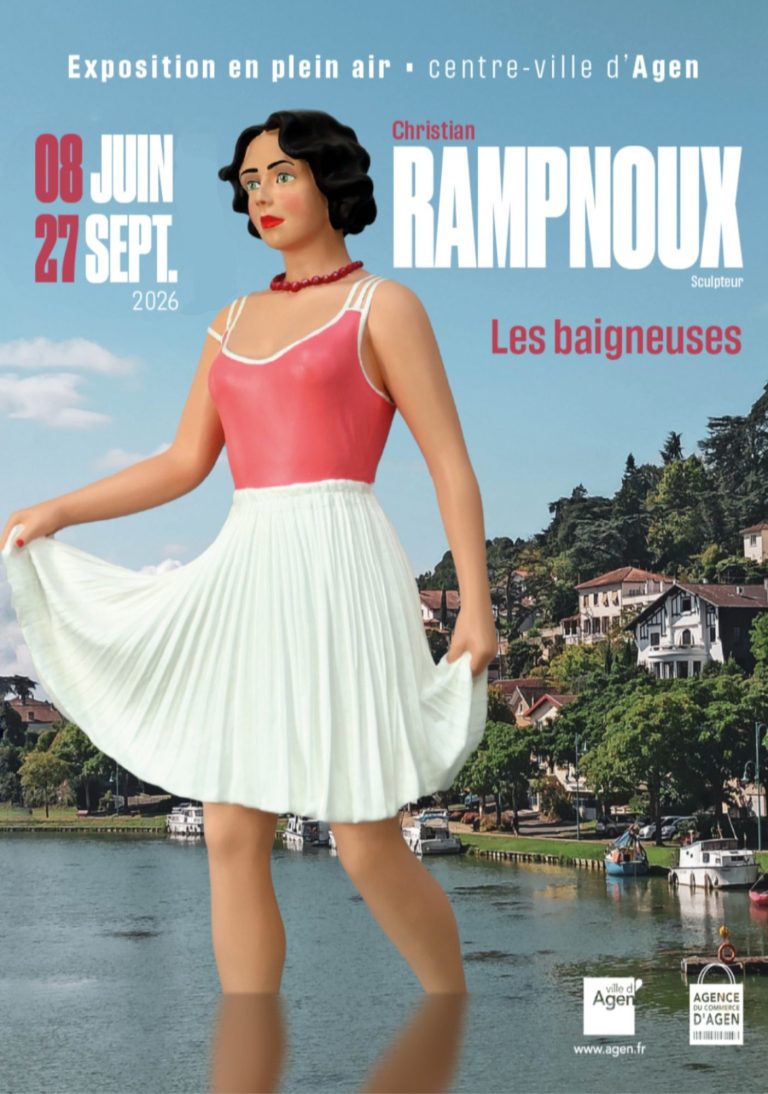 Blauwestad Affiche colorée d'une femme en maillot de bain rouge, assise sur une chaise, chapeau à la main.